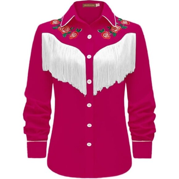 Tops - Women's Rose Red Fringe Long Sleeve Floral Embroidered Collared Rodeo Shirts